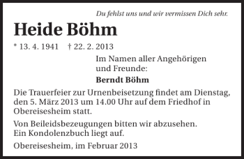 Traueranzeige von Heide Böhm 