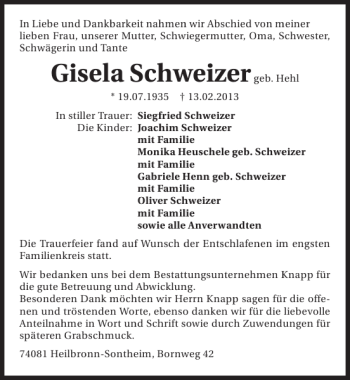 Traueranzeige von Gisela Schweizer 