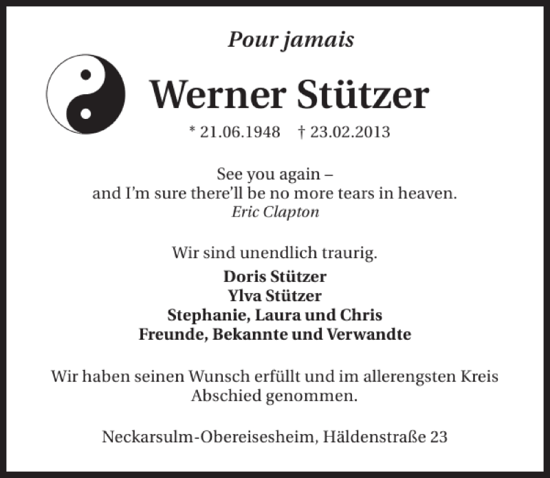  Traueranzeige für Werner Stützer vom 02.03.2013 aus 