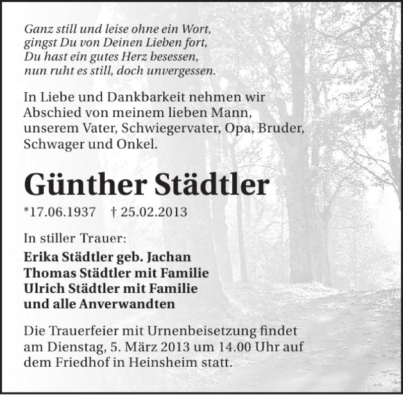  Traueranzeige für Günther Städtler vom 02.03.2013 aus 