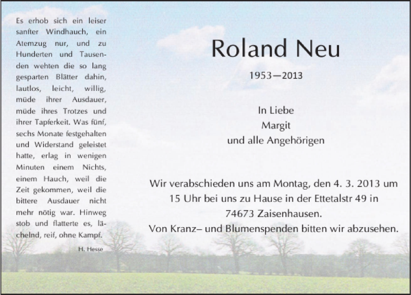  Traueranzeige für Roland Neu vom 02.03.2013 aus 
