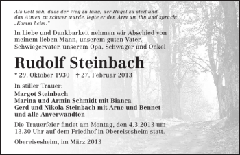 Traueranzeige von Rudolf Steinbach 