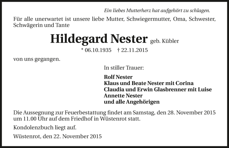  Traueranzeige für Hildegard Nester vom 26.11.2015 aus 