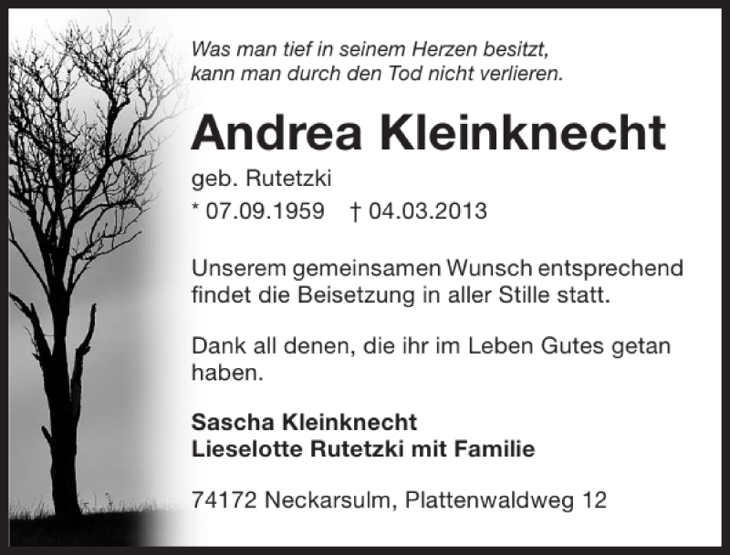  Traueranzeige für Andrea Kleinknecht vom 06.03.2013 aus 