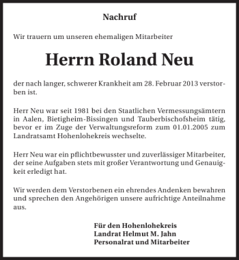 Traueranzeige von Roland Neu 