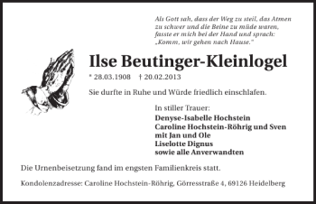 Traueranzeige von Ilse Beutinger-Kleinlogel 