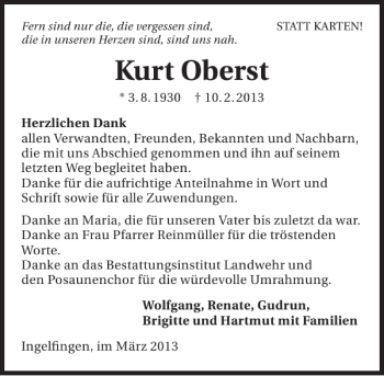 Traueranzeige von Kurt Oberst 