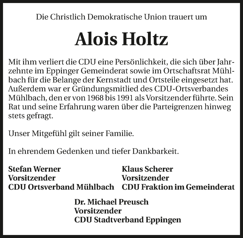  Traueranzeige für Alois Holtz vom 02.03.2016 aus 