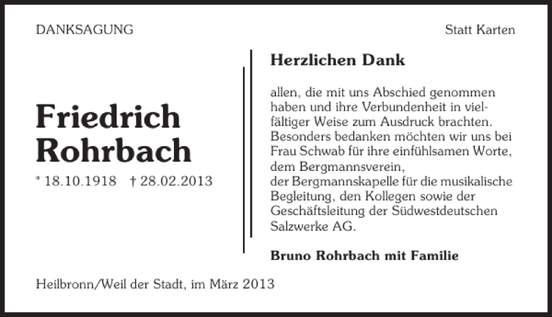  Traueranzeige für Friedrich Rohrbach vom 11.03.2013 aus 