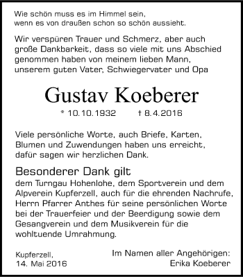 Traueranzeige von Gustav Koeberer 
