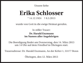 Traueranzeige von Erika Schlosser 