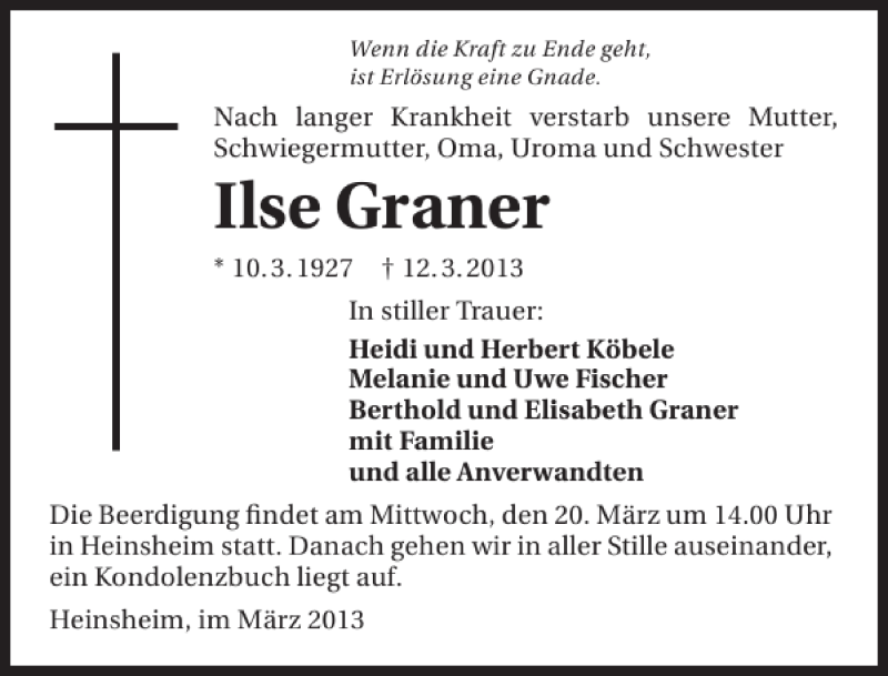  Traueranzeige für Ilse Graner vom 14.03.2013 aus 