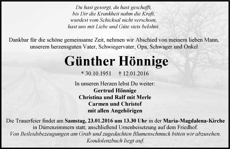  Traueranzeige für Günther Hönnige vom 16.01.2016 aus 