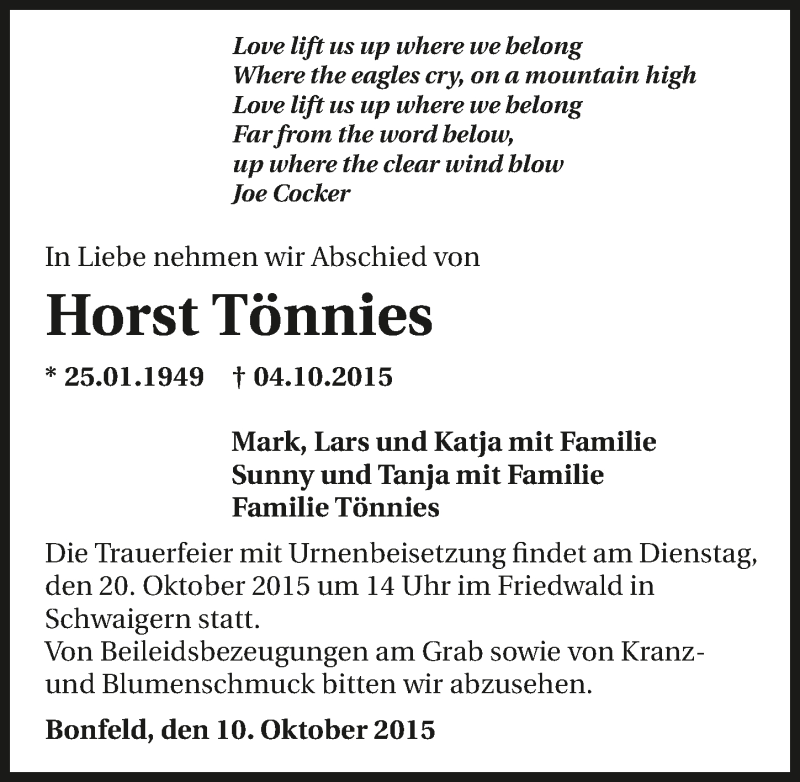 Traueranzeige für Horst Tönnies vom 10.10.2015 aus 