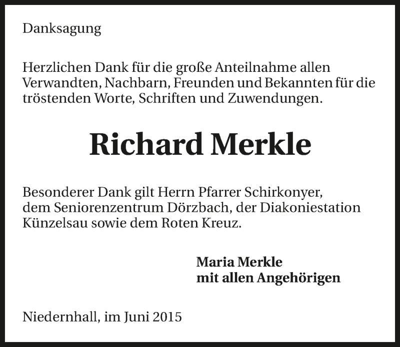  Traueranzeige für Richard Merkle vom 13.06.2015 aus 