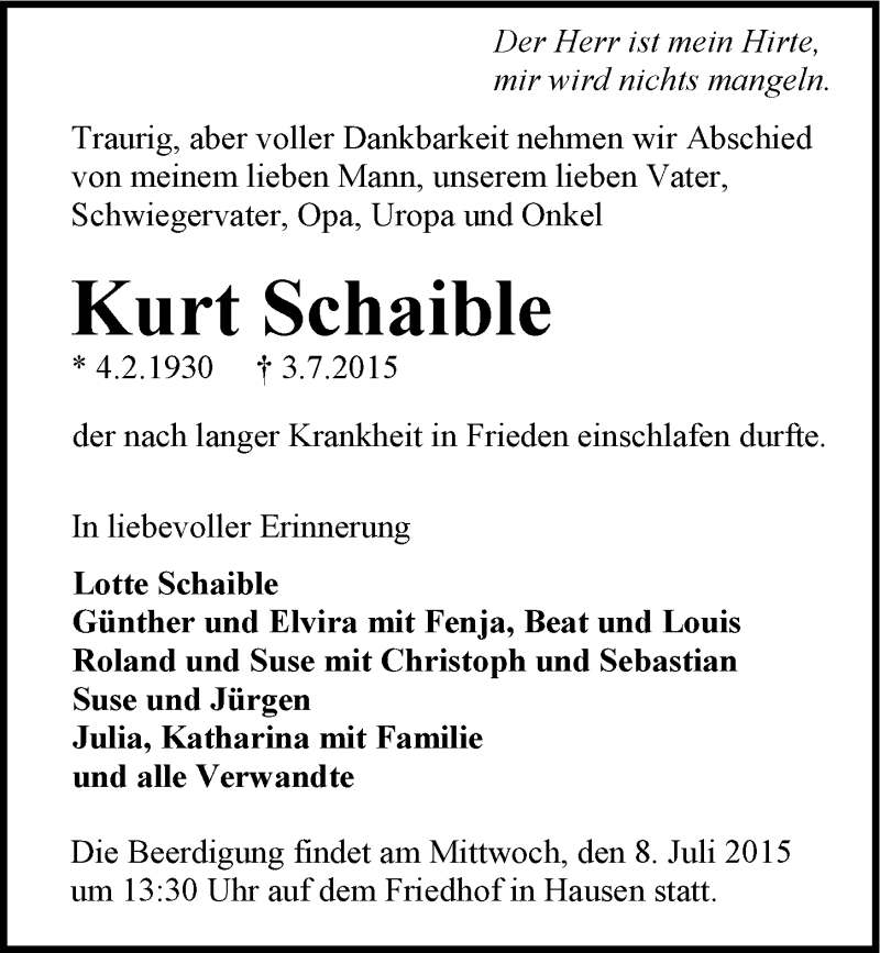  Traueranzeige für Kurt Schaible vom 06.07.2015 aus 