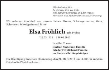 Traueranzeige von Elsa geb. Probst Fröhlich 