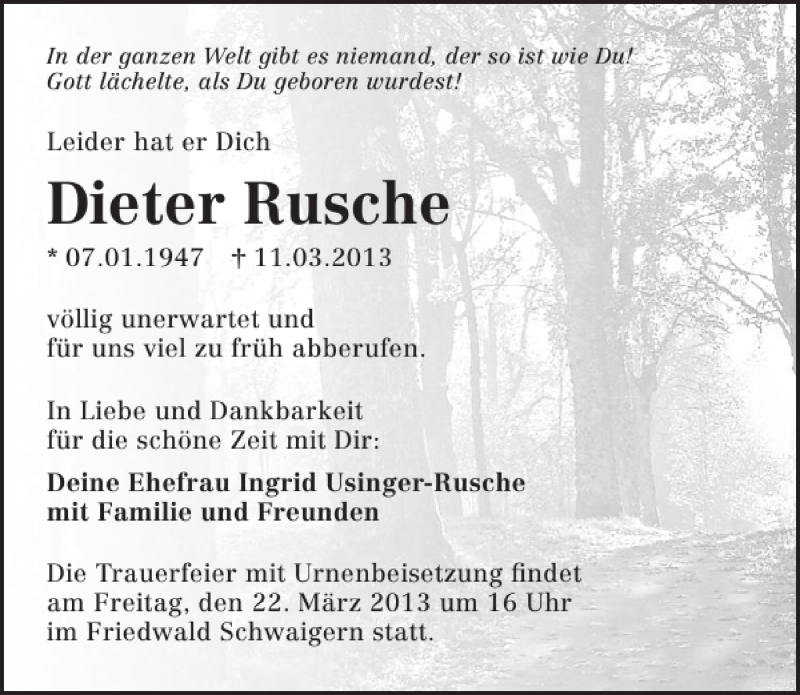  Traueranzeige für Dieter Rusche vom 19.03.2013 aus 