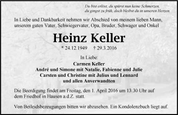 Traueranzeige von Heinz Keller 