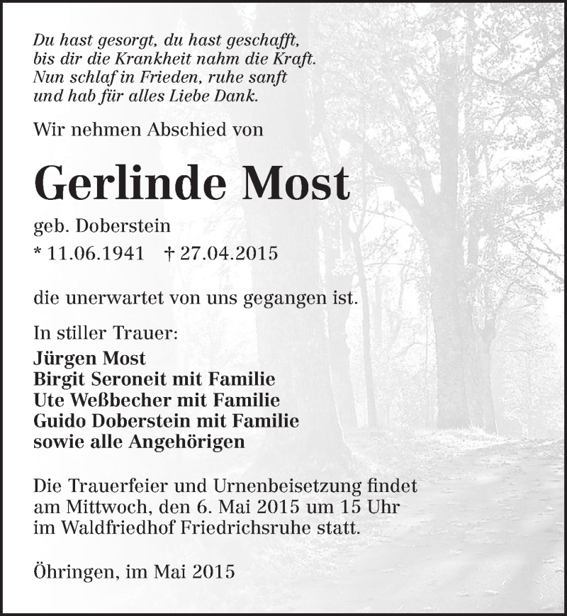  Traueranzeige für Gerlinde Most vom 02.05.2015 aus 