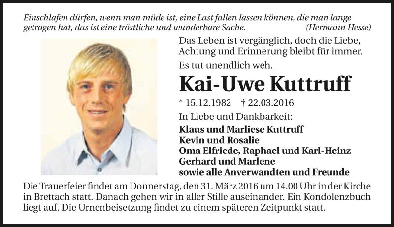  Traueranzeige für Kai-Uwe Kuttruff vom 29.03.2016 aus 