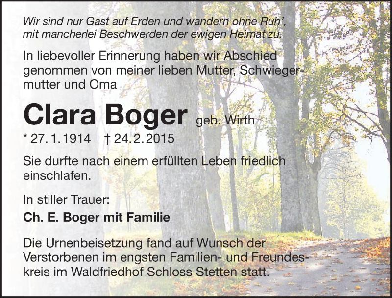  Traueranzeige für Clara Boger vom 07.03.2015 aus 