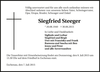 Traueranzeige von Siegfried Steeger 