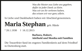 Traueranzeige von Maria Stephan 