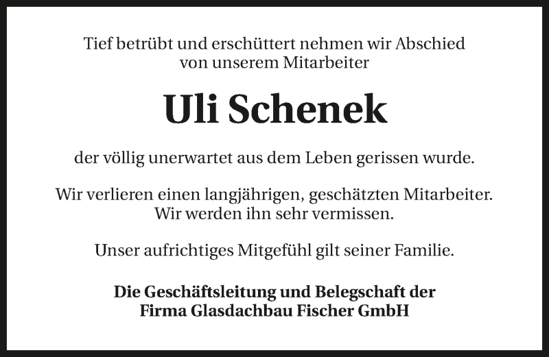  Traueranzeige für Uli Schenek vom 29.12.2015 aus 