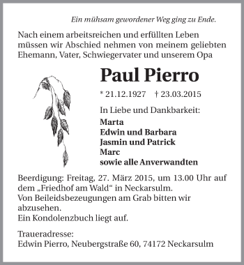 Traueranzeige von Paul Pierro 