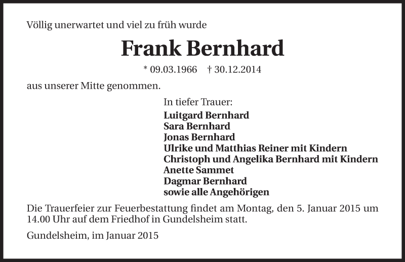  Traueranzeige für Frank Bernhard vom 03.01.2015 aus 