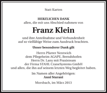 Traueranzeige von Franz Klein 