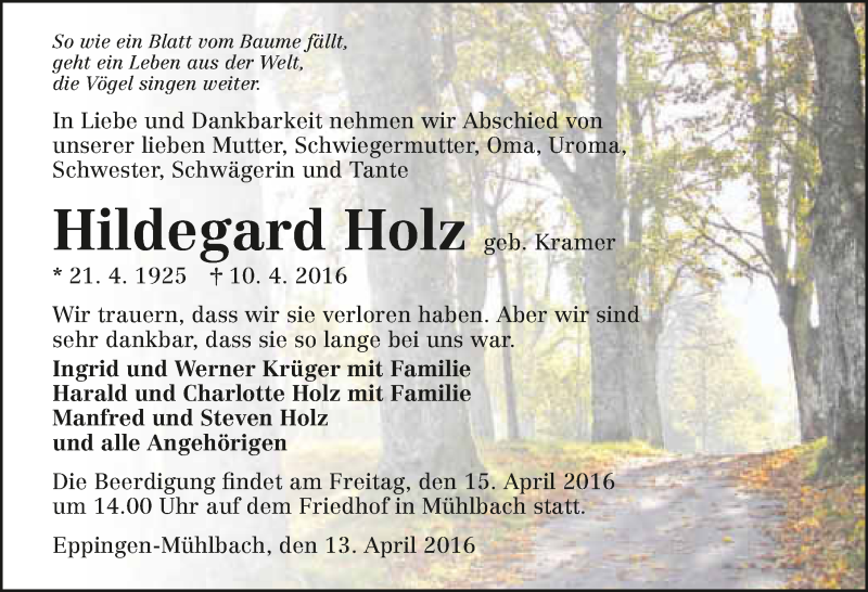  Traueranzeige für Hildegard Holz vom 13.04.2016 aus 