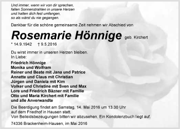 Traueranzeige von Rosemarie Hönnige 