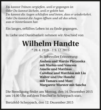 Traueranzeige von Wilhelm Handte 