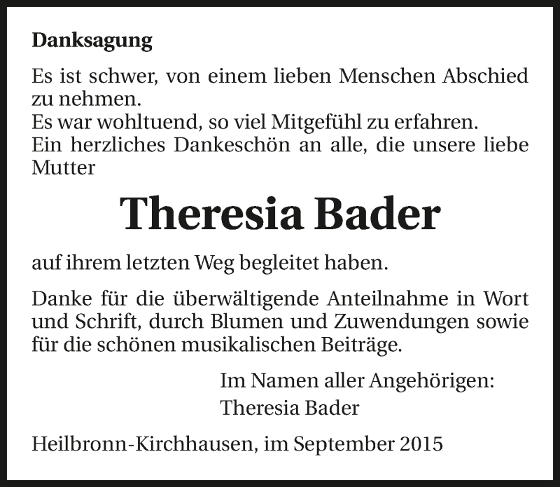  Traueranzeige für Theresia Bader vom 02.10.2015 aus 