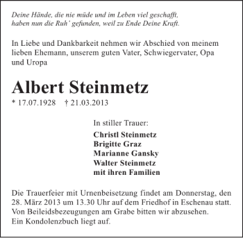 Traueranzeige von Albert Steinmetz 