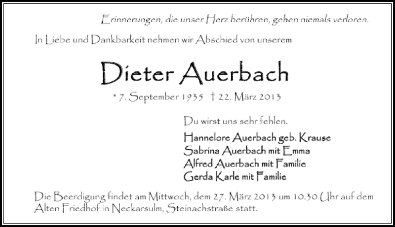  Traueranzeige für Dieter Auerbach vom 25.03.2013 aus 