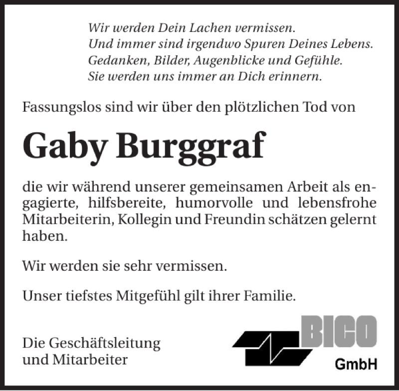  Traueranzeige für Gaby Burggraf vom 26.03.2013 aus 