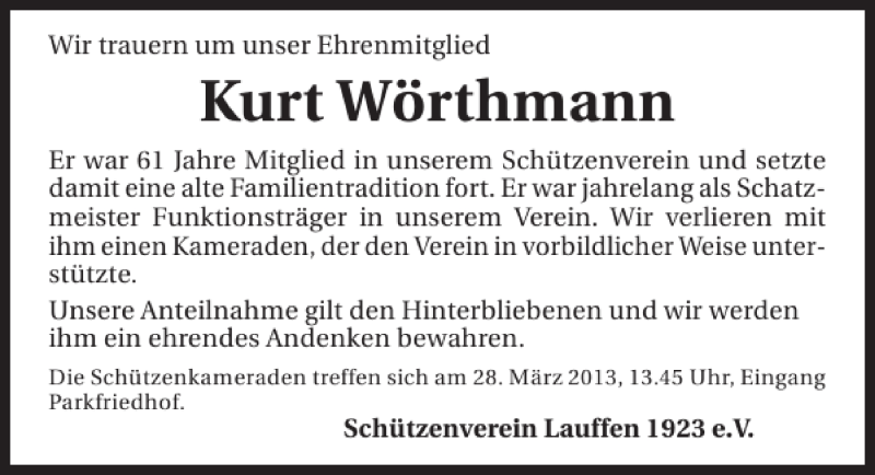  Traueranzeige für Kurt Wörthmann vom 26.03.2013 aus 
