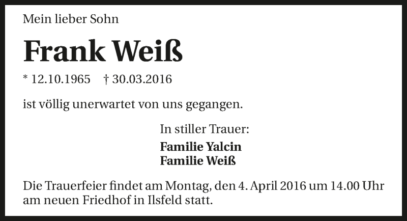  Traueranzeige für Frank Weiß vom 01.04.2016 aus 