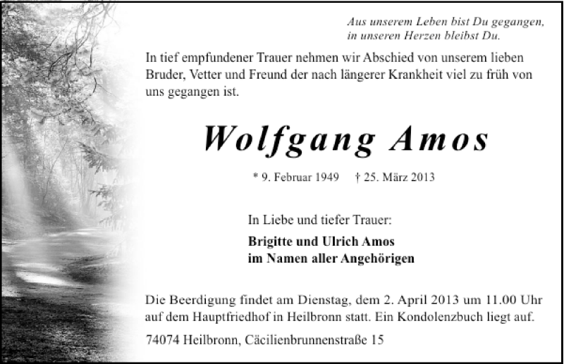  Traueranzeige für Wolfgang Amos vom 28.03.2013 aus 