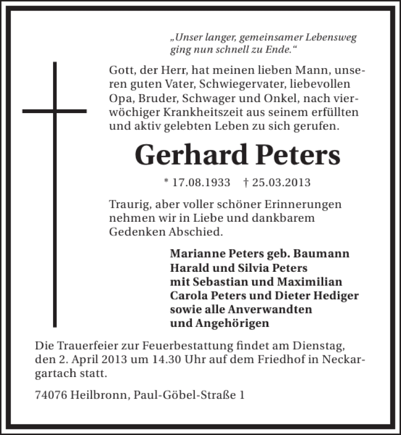  Traueranzeige für Gerhard Peters vom 28.03.2013 aus 