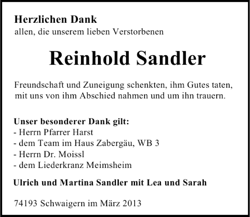  Traueranzeige für Reinhold Sandler vom 30.03.2013 aus 