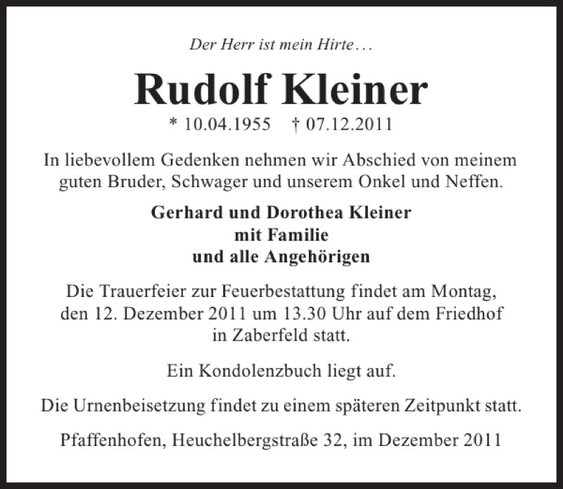  Traueranzeige für Rudolf Kleiner vom 09.12.2011 aus 