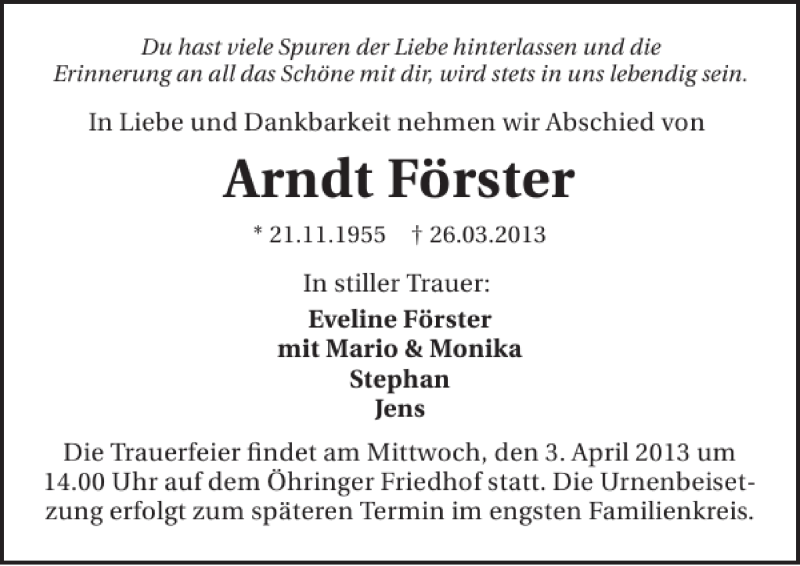  Traueranzeige für Arndt Förster vom 02.04.2013 aus 