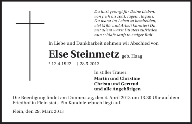  Traueranzeige für Else Steinmetz vom 03.04.2013 aus 