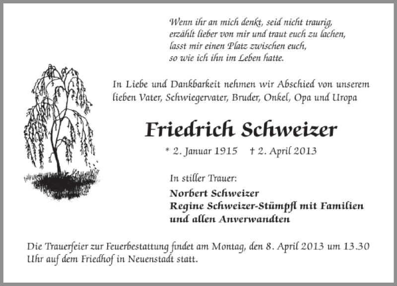  Traueranzeige für Friedrich Schweizer vom 05.04.2013 aus 