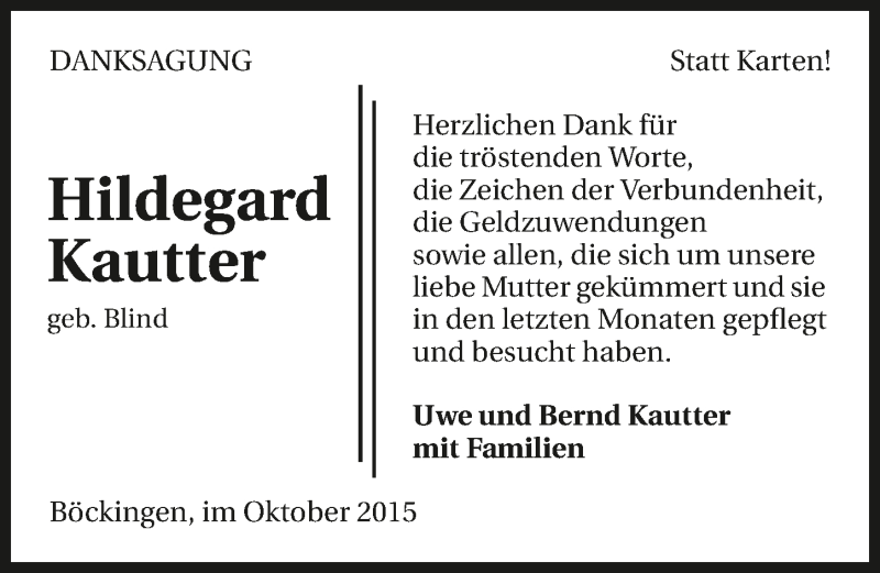  Traueranzeige für Hildegard Kautter vom 28.10.2015 aus 