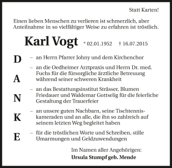 Traueranzeige von Karl Vogt 
